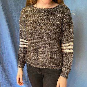 Grey Sweater with three white stripes on sleeve